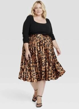 Ava & Viv Brown Leopard Print Pleated Midi Skirt